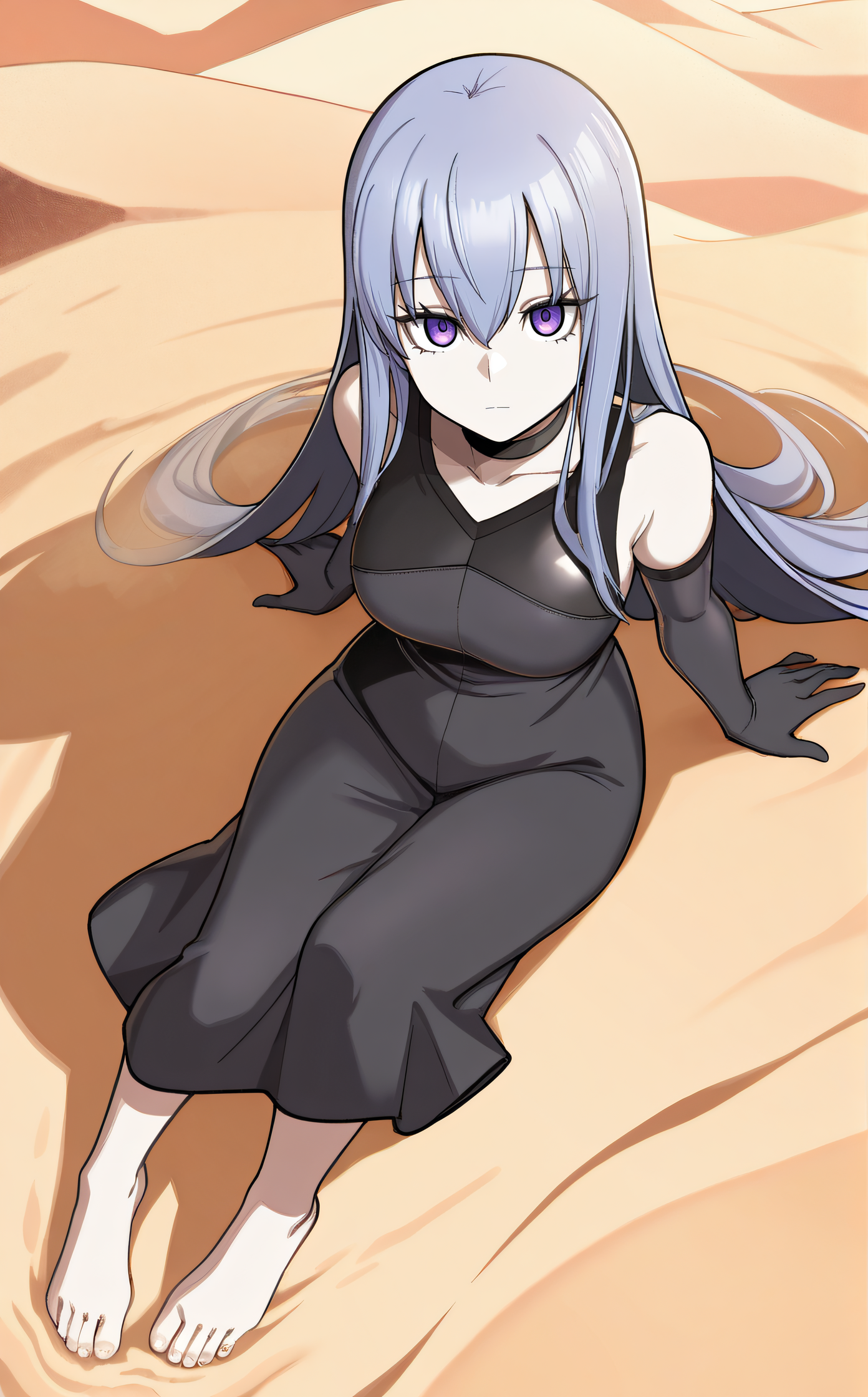 masterpiece, best quality, highres, newest, scenary, 1girl, solo, official style, <lora:Close:1>, liberatorclose, black choker, black sleeveless dress, black elbow gloves, expressionless, looking at viewer, desert background, from above, sitting on sand, barefeet, full body, five toes, detailed feet