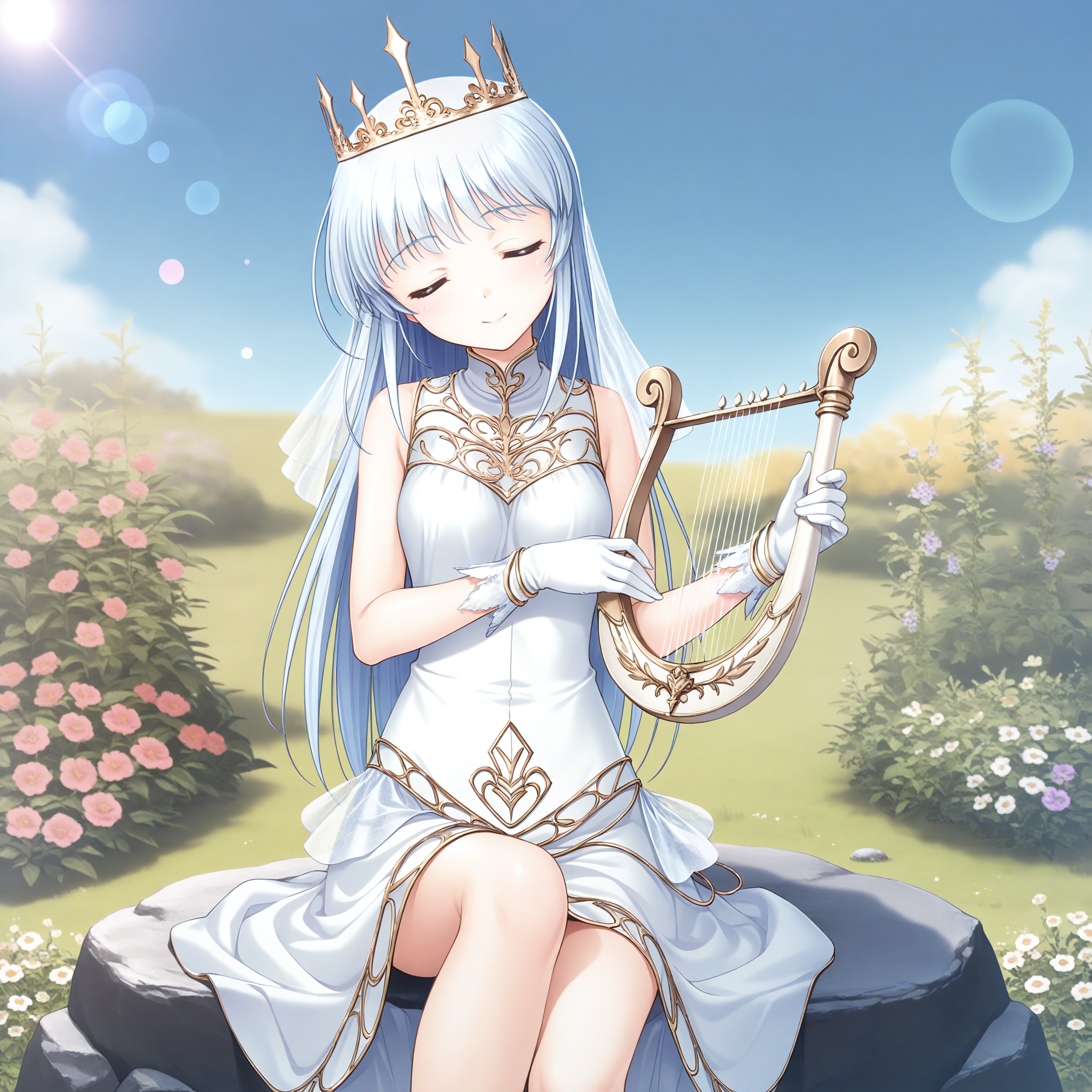 <lora:Colette_Anastasia_1_nai-000028:1>,Colette Anastasia,
gold crown,bridal veil,white gloves,white dress,sleeveless dress,gold trim,
1girl,solo,smile,front view,sitting,head tilt,knee up,legs together,on rock,garden,flower,harp,holding instrument,closed eyes,blue sky,depth of field,lens_flare,