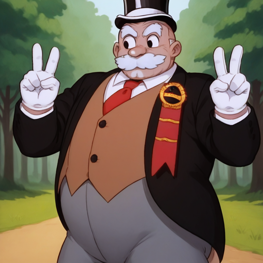 score_9_up, score_8_up, BREAK, TheJudge, solo, 1boy, black eyes, mustache, fat, black top hat, black suit, brown vest, red necktie, grey pants, white gloves, cowboy shot,  <lora:Judge_PorkyGarden_PXL_Leaf3:0.8>, outdoors, forest, double v,