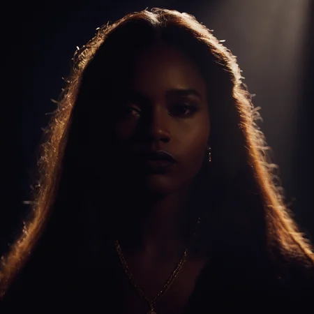 cinematic film still of <lora:Chiaroscuro Lighting Style:1>
dramatic, cinematic, shadow, partially covered in shadow, a woman with long hair and a necklace Chiaroscuro Lighting Style, 1girl, solo, long hair, looking at viewer, closed mouth, dark skin, blurry, dark-skinned female, lips, blurry background, portrait, realistic, warm light, shallow depth of field, vignette, highly detailed, high budget, bokeh, cinemascope, moody, epic, gorgeous, film grain, grainy