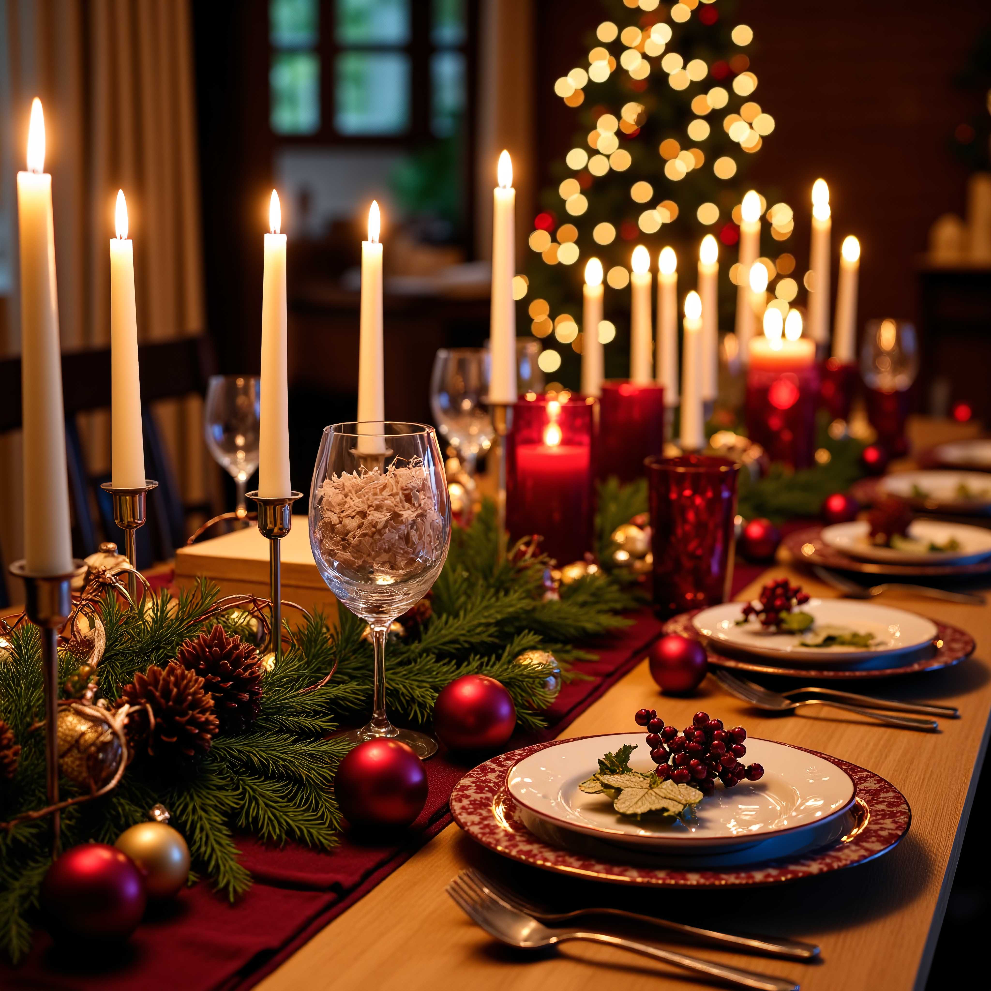 A richly decorated Christmas dining table set for a festive dinner.  Hyperrealistic, a warm, inviting scene. Rustic wooden table with a tablecloth of deep red and burgundy tartan/plaid pattern. Evergreen boughs, pinecones, and red Christmas ornaments adorn the table. Several white candles in ornate candle holders, in varying heights, illuminate the scene and cast warm light. There are glasses, wine glasses, in varying styles and shades; a few with Christmas themed patterns or designs reflected in the candlelight. Crimson or burgundy colored glasses and decorative items further enhance the festive color scheme. A Christmas tree is partially visible in the background, with warm, twinkling lights. Close-up view of the table setting, plates with decorated bowls, and other silverware and accessories; the focus on the centerpiece and detailed decorations. The scene evokes a sense of warmth, tradition, and celebration. Multiple candles of varying heights casting soft and warm light. The image is very well-lit and the decorations are detailed; very festive, elegant Christmas atmosphere.