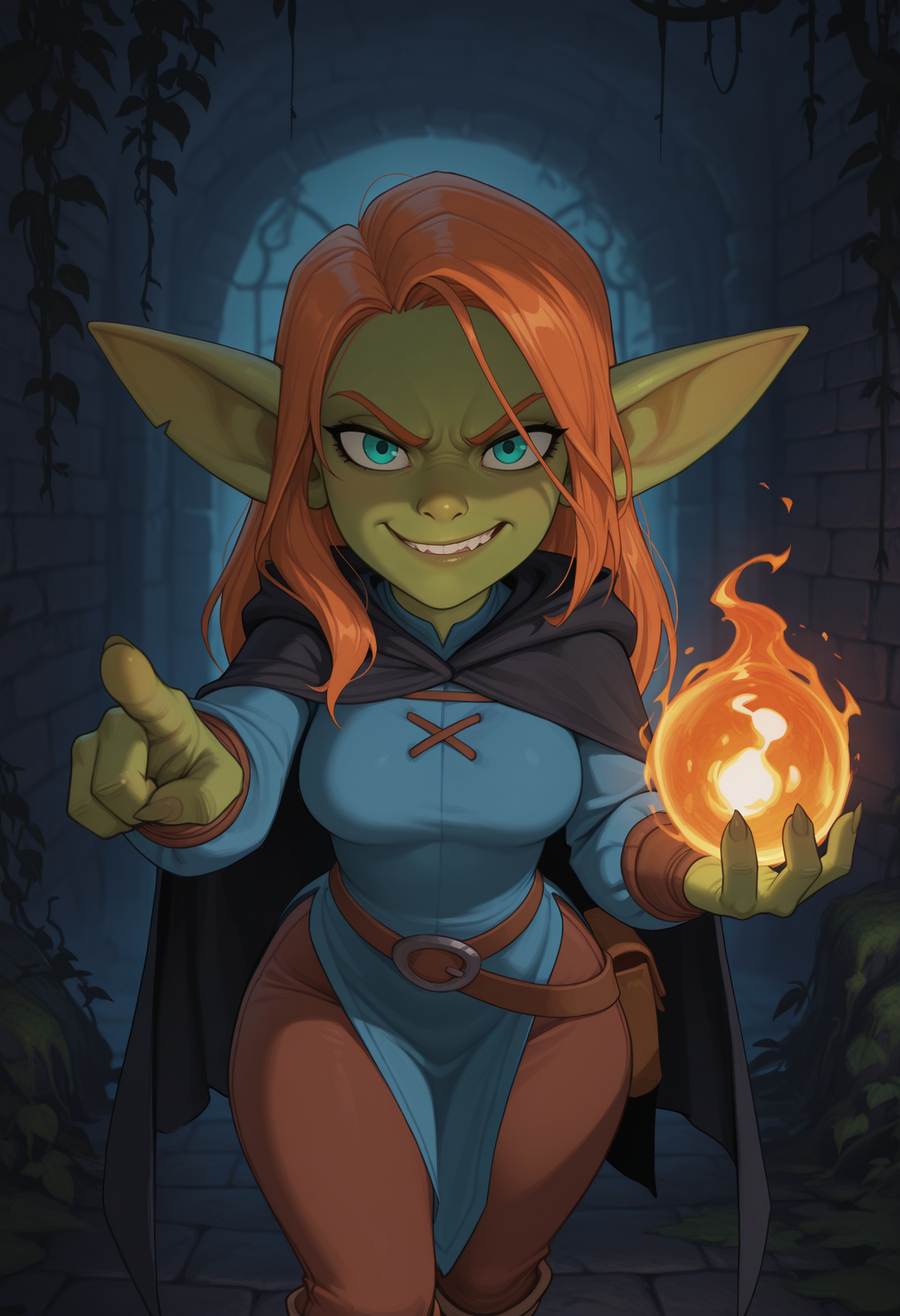 masterpiece, best quality, amazing quality, very aesthetic, absurdres, newest, solo, female goblin, aqua eyes, ginger hair, long hair, (loose hair), medium breasts, shortstack, blue tunic, brown pants, black cloak, black hood, hood down, dungeon, dark, fog, moss, ivy, holding fireball, casting spell, angry, smirk, looking at viewer, pointing at viewer, close up, (4 fingers), wowgobbostyle, disney animation, <lora:WoW_GoblinGTb:0.3> <lora:Disney_Animation_v5-V7:1>