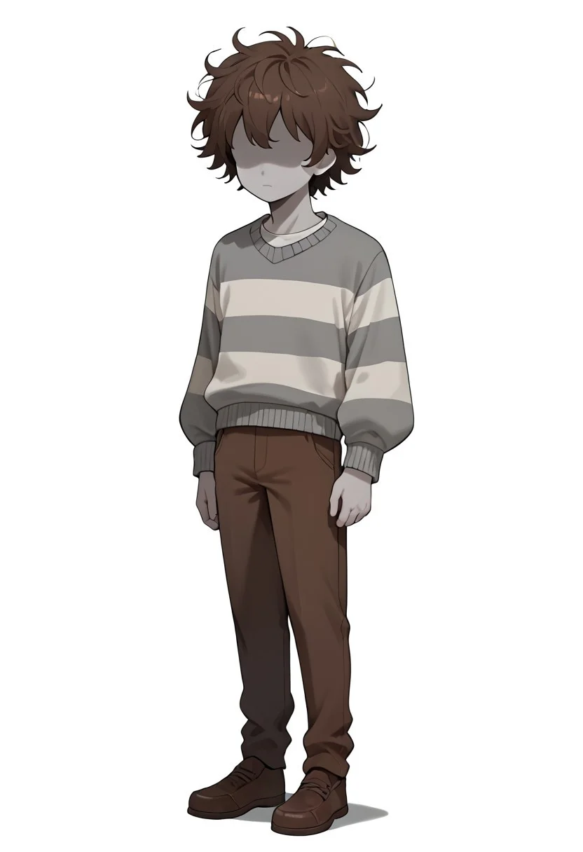 score_9, score_8_up, score_7_up, masterpiece, hd, source_anime, vesseldn, 1boy, solo, young, grey skin, slim, faceless, lack of facial features, no facial features, faceless, no_face, blank_face, brown hair, messy hair, grey sweater, sweater, two horizontal white stripes, stripes, white stripes, brown shoes, brown pants, standing, full body, white background