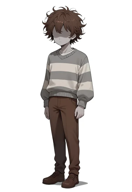 score_9, score_8_up, score_7_up, masterpiece, hd, source_anime, vesseldn, 1boy, solo, young, grey skin, slim, faceless, lack of facial features, no facial features, faceless, no_face, blank_face, brown hair, messy hair, grey sweater, sweater, two horizontal white stripes, stripes, white stripes, brown shoes, brown pants, standing, full body, white background
