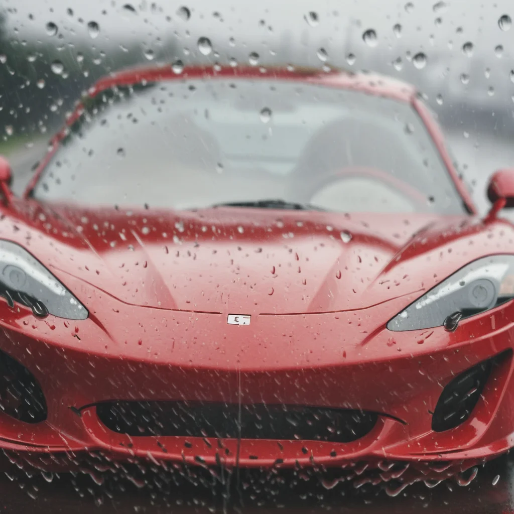 a sports car behind rain on glass<lora:Rain_on_Glass_XL:1>