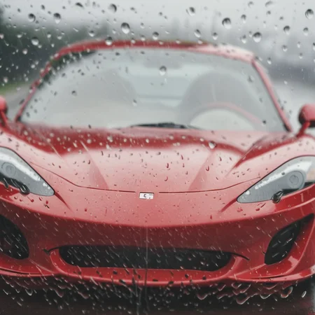 a sports car behind rain on glass<lora:Rain_on_Glass_XL:1>