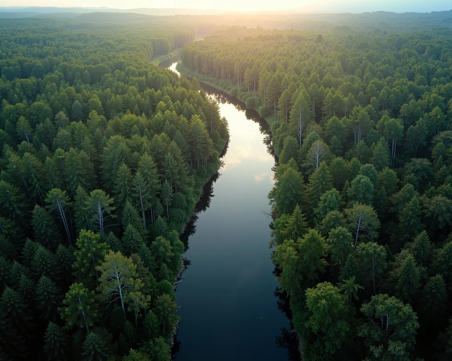 ultrasharp photograph, green and blue, spread focus. this high-resolution aerial photograph captures a serene, forest landscape in early summer. the image showcases a narrow, dark, winding river that cuts through a dense, deciduous forest. the forest is comprised of a mix of deciduous and coniferous trees, creating a thick, green blanket that contrasts starkly with the dark water below. the river, visible in the center of the photograph, is a deep, dark brown color, likely due to the water's depth and the shadows cast by the surrounding trees. the water's surface is relatively still, reflecting a small portion of the snow-covered landscape above. the background and foreground are filled with a dense canopy of trees, creating a sense of depth and isolation. the sunlight, possibly from the early morning or late afternoon, casts a warm, golden light on the forest, creating a subtle, natural glow that enhances the overall tranquil and warm summer atmosphere.