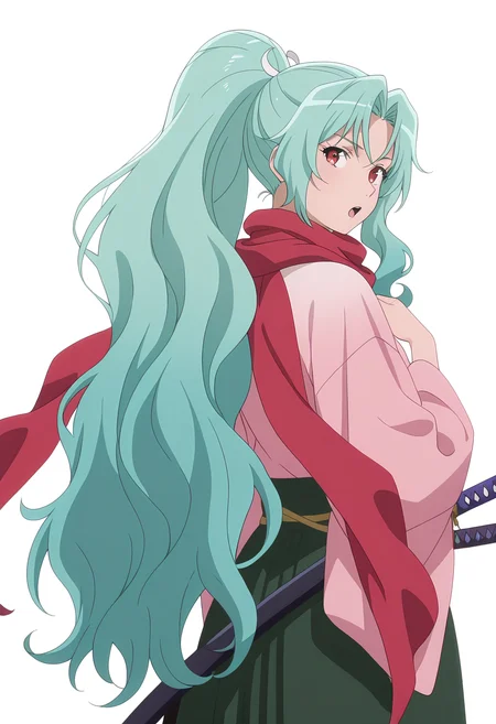 Smooth Quality,masterpiece, ultra realistic,
simple background, white background,
from behind,;o,hand on own chest,
 <lora:Tomoecnn:0.8> sofia/cnn, 1girl, long hair, scarf, ponytail, red eyes, japanese clothes, katana, green hair, very long hair,