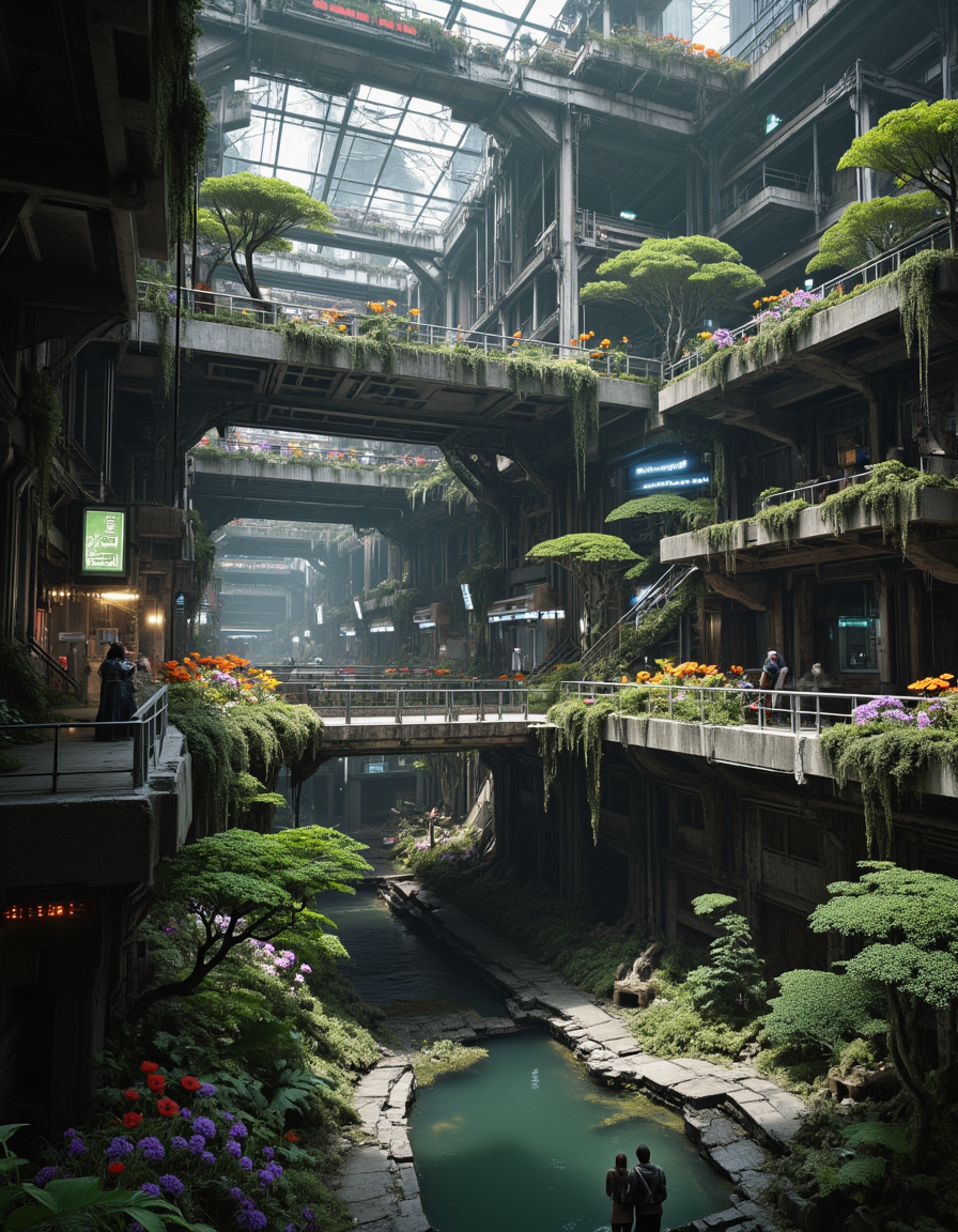 <lora:SWL_Underground1flux:1> swlu1, cyberpunk, underground, futuristic, image14, photo of a cinematic overgrown multilevel industrial arcology, viewed from a slightly elevated side angle to reveal the layered urban structure and its reclaimed beauty. The colossal metal infrastructure stretches upward and outward in a network of platforms and corridors, all softened by lush moss, vines, and flowering vegetation. The upper walkways are carpeted with bright green moss and vibrant patches of orange poppies, violet blossoms, and pink wildflowers. Sculpted bonsai-like trees grow in organic clusters across the upper terraces, their roots winding through broken railings and decaying walkways. Below, a dark aqua canal runs through the lower levels, reflecting the ambient neon signage and diffused skylight streaming from cracked ceiling panels high above. Soft rays of natural light mix with flickering artificial lights, casting long cinematic shadows and ethereal glows across the damp surfaces. Two figures stand together on a narrow bridge, surrounded by the haunting majesty of a world transformedâneither fully nature nor fully machine. The structure breathes with silence, echoing the memory of civilization, now draped in thriving, serene wilderness. Every detail, from weathered metal textures to glistening leaves in the moisture-rich air, feels alive with quiet intensity.