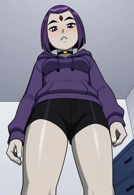 chrav, 1girl, solo, medium breast, purple hoodie, choker, black short shorts, from below, bedroom, indoors,