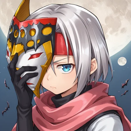 score_9, score_8_up, score_7_up, score_6_up, source_anime, BREAK, <lora:Zilva:0.70> , zildef, 1girl, short hair, grey hair, red headband, (mask over one eye), mask, holding mask, scarf, pink scarf, white sweater vest, white shirt, bodysuit under clothes, looking at viewer, serious expression, closed mouth, clutter, (portrait), face, <lora:zy_Detailed_Backgrounds_v1:0.6> , detailed background, highly detailed, moon, night,