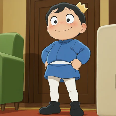 masterpiece, best quality, amazing quality, official artstyle, b0jj1, male, solo, human, young, black hair, short hair, black eyes, blush stickers, short, crown, blue doublet, white belt, white leggings, black shoes, standing, smile, hands on hips, indoors, living room