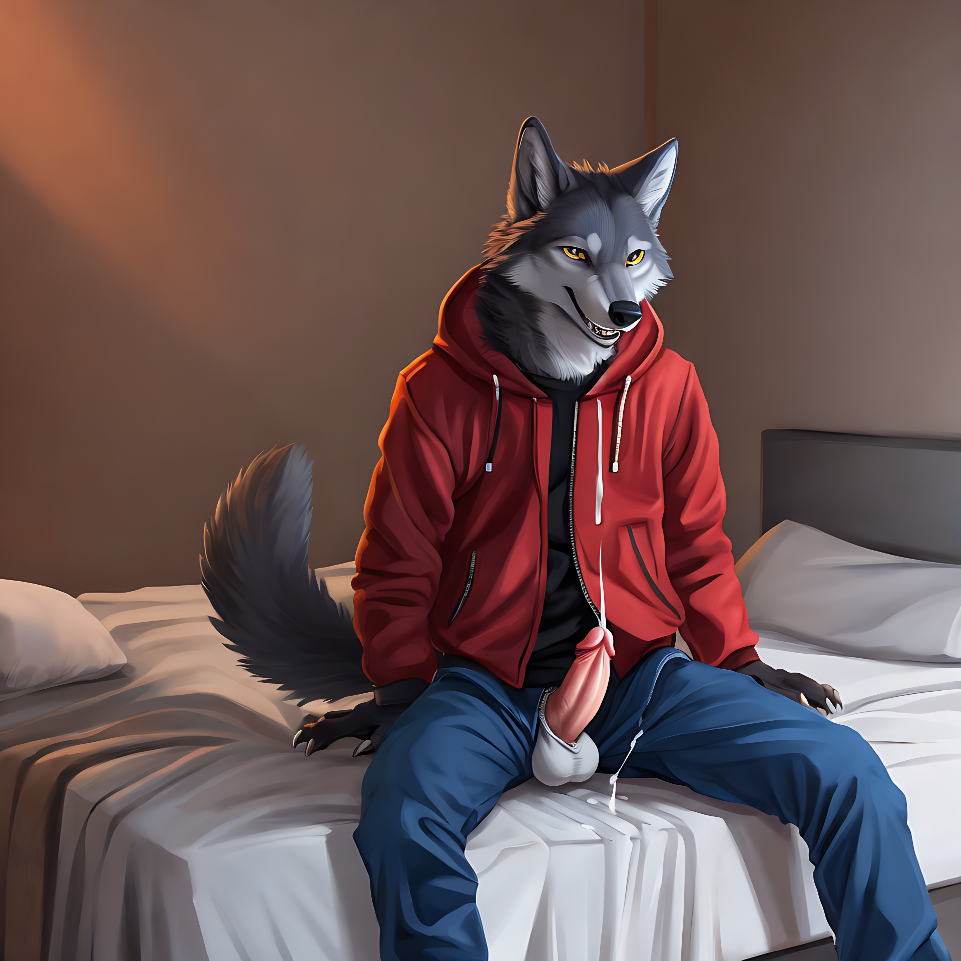 withLora(LORA-01ChipTheWolf)0.85, anime, solo,  orgasm smile, wolf teeth, simple background, no humans, claws, grey wolf nose, animal ears, standing,  red jacket, tail, full body, male focus, wolf ears, wolf tail, furry, zipper, blue pants, furry male, sitting on bed, untidy bedroom, calm lighting, erect penis, masterbation, cum on chest, cum on bed, cum shot, dildo in ass, hand pushing dildo in ass, gay porn magazine on the bed, gay pride flag hanging on the wall