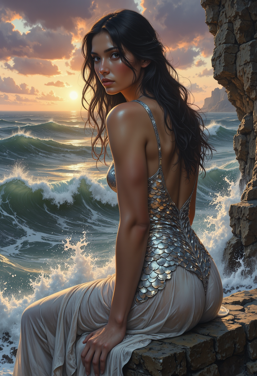A detailed, head to thigh portrait of a celestial woman sits near the edge of a wind-beaten ocean cliff, captured in a three-quarter profile and as twilight settles over the sea. Waves crashing below and casting mist into the air around her. She wears a sculpted tunic made of shimmering scale-like fragments and threads of silver, each piece catching the light like ocean foam. Her long, salt-kissed hair clings to her back and shoulders, strands swept across her cheek. Her skin emits a faint glow, soft and silvery... highlighting the contours of her face, the curve of her spine, the tension in her fingers pressed to the stone. She leans forward slightly, as if listening to the ocean breathe. Her long, dark hair is swept back by the wind, a few strands stuck to her cheek. Her eyes are steady, her expression a cross between curiosity and amusment as her fixed on the viewer. Behinf her the last light flickers over the churning sea. Behind her, the sky melts into rich twilight â deep violets, storm blues, and a thin band of fading amber at the edge of the world. Spray from the waves curls around her like low fog, catching light and movement in chaotic bursts. She stands alone, unwavering, the embodiment of stillness amid storm... her expression unreadable, timeless. The scene pulses with contrast: serenity in her posture, fury in the sea below, beauty in the decay of light. <lora:Mezzotint_Artstyle_for_Flux_-_by_Ethanar:0.5500000000000002> <lora:SkoolDaze_Fantasy_v250:0.5500000000000002> <lora:illustration20FLUX20.XsbF:0.3500000000000001> <lora:Cyber_Punk_Anime.LgFo:0.3500000000000001>
