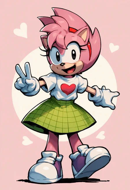 score_9, score_8_up, score_8, 1girl, solo, fleetwayamy, amy rose, spiked hair, pink fur, black eyes, furry, looking at viewer, gesture, dynamic pose, full body, smile, open mouth, jump, shoes, plaid skirt, white shirt, heart logo, abstract background, gloves, source_comic,