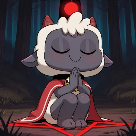 masterpiece, best quality, amazing quality, official style, l4mb3rt, male, furry male, anthro, solo, lamb, grey skin, white wool, red eyes, glowing eyes, small red horns, small ears, short, black crown, eye on crown, black collar, bell, red cape, on ground, sitting on knees, praying, closed eyes, smile, outdoors, forest, dark, glowing pentagram,
