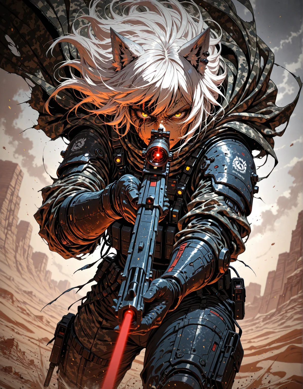masterpiece, best quality,high quality, newest, highres,8K,HDR,absurdres, 1girl, solo, wolf ears, sniper rifle, camo cloak, tactical gear, scarred face, piercing yellow eyes, white hair with dark streaks, aiming at target, red laser sight, tactical gloves, mechanical eyepiece, futuristic sniper, high-tech scope, dusty battlefield, limited palette, intense expression, dynamic pose, dramatic lighting, strong depth of field, wind-blown hair, torn fabric, desert landscape, gritty realism, cinematic shot, dutch angle, foreshortening, blurred background, dust particles., detailed background, dynamic pose, dynamic composition,dutch angle, detailed backgroud,foreshortening,blurry edges, <lora:iLLMythM4gicalL1nes:1> M4gicalL1nes