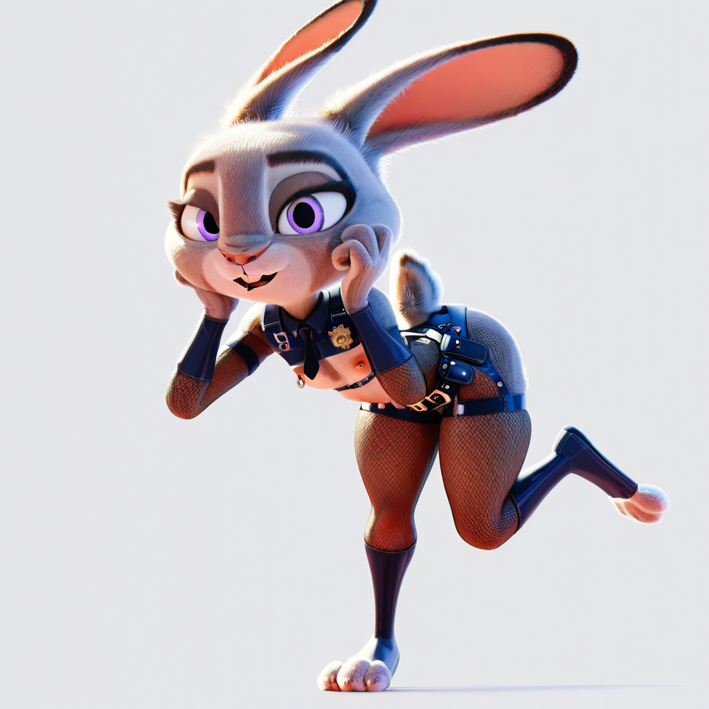 full body, rabbit tail, police, buck teeth, piercing, hands up, nipples, judy hopps, tail, simple background, fishnets, nude