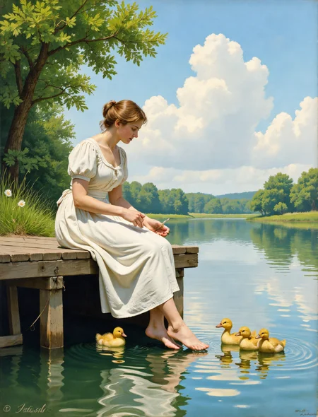 A low quality water-color painting of a woman sitting on a dock at the edge of a small pond. dangling her feet in the water. sunshine. puffy clouds. ducks in the water. baby ducks. feeding the ducks. light brown hair. sundress. 19th century style.