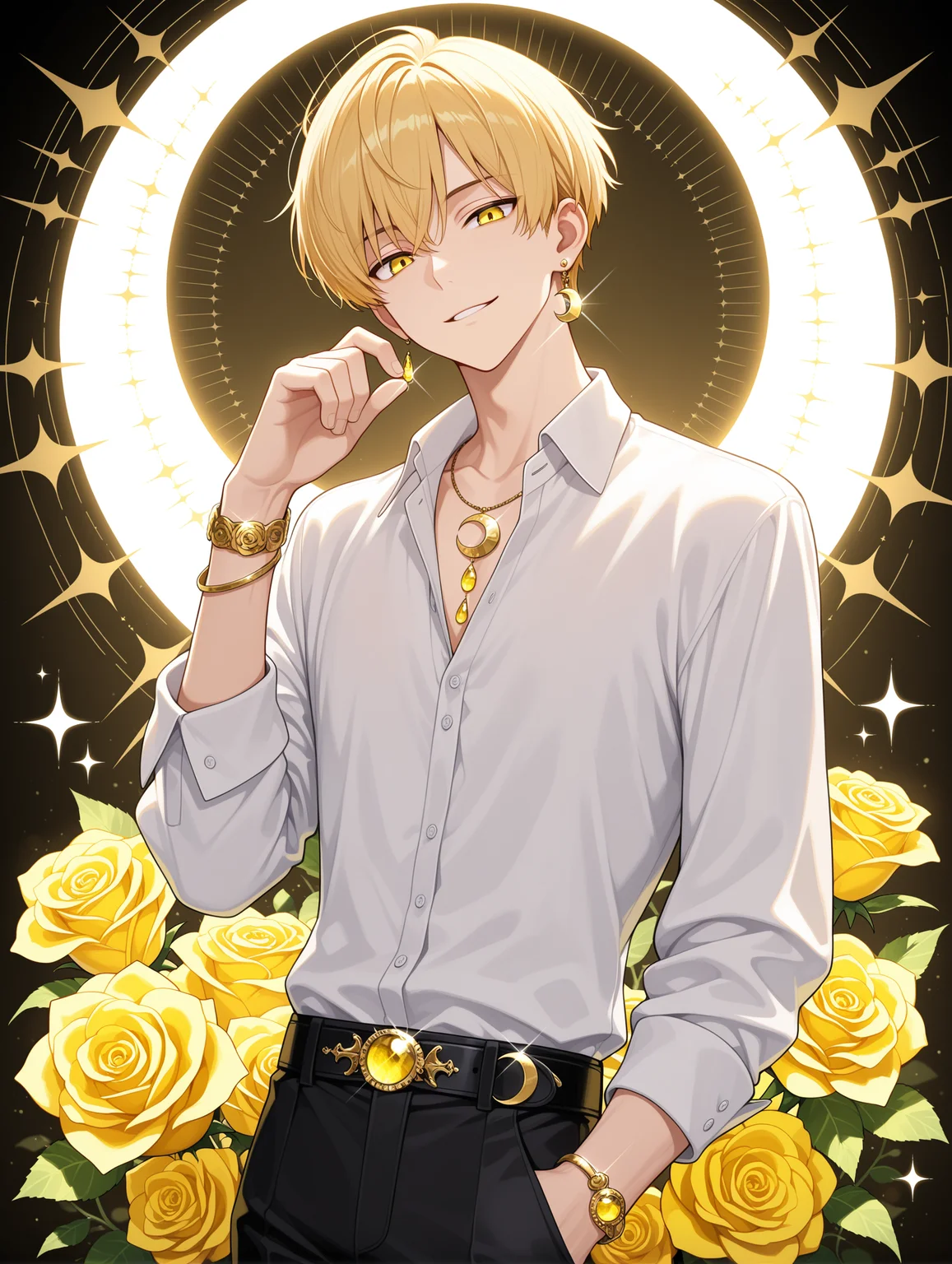 1boy, male focus, flower, blonde hair, jewelry, shirt, solo, belt, pants, earrings, looking at viewer, rose, white shirt, short hair, yellow eyes, long sleeves, yellow rose, collared shirt, yellow flower, bracelet, black pants, necklace, hand up, gem, smile, parted lips, crescent, glint, bangs, sparkle
,masterpiece,best quality,amazing quality,