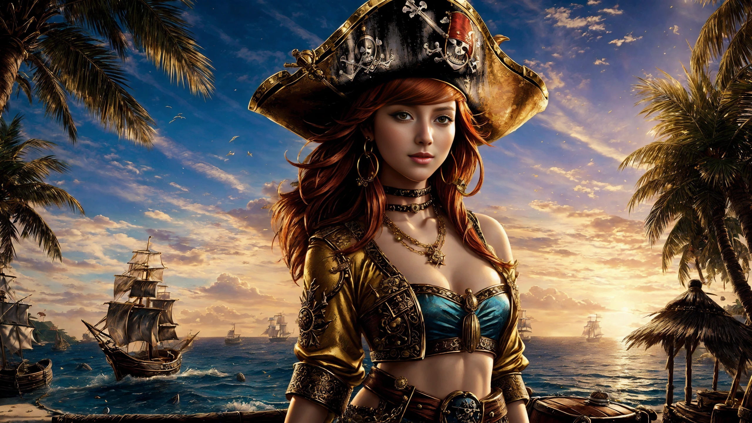 (young redhead pirate woman), (portrait), (parrot:1.2), sharp focus, (ultradetailed), (standing), (happy) smile, pirate (ship galleon:1.2,  hoop earrings, gold medallion, Pastel Orangepirate clothes, pirate hat, hips,   pirate (village), leafy beach coast, (treasure chest with coins, gems and jewels:1.2), (rum barrel), best quality masterpiece,  bright sunny sky, backlight, natural lights, high contrast, hdr, shadows, pretty, beautiful, feminine, sexy, adorable, lovely, in love, (PirateDiffusionprt:0.5),  <lora:Pirate:0.3>  PrateT  <lora:PirateRealms:0.3> <lora:Detail Tweaker LoRA add_detail:0.8> <lora:depth_of_field_slider_v1:5> <lora:SDXLrender_v2.0:0.9>