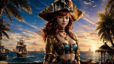 (young redhead pirate woman), (portrait), (parrot:1.2), sharp focus, (ultradetailed), (standing), (happy) smile, pirate (ship galleon:1.2, hoop earrings, gold medallion, Pastel Orangepirate clothes, pirate hat, hips, pirate (village), leafy beach coast, (treasure chest with coins, gems and jewels:1.2), (rum barrel), best quality masterpiece, bright sunny sky, backlight, natural lights, high contrast, hdr, shadows, pretty, beautiful, feminine, sexy, adorable, lovely, in love, (PirateDiffusionprt:0.5), <lora:Pirate:0.3> PrateT <lora:PirateRealms:0.3> <lora:Detail Tweaker LoRA add_detail:0.8> <lora:depth_of_field_slider_v1:5> <lora:SDXLrender_v2.0:0.9>