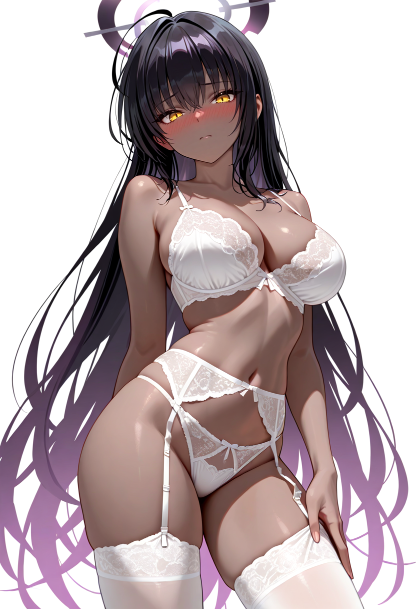 masterpiece, newest, absurdres, best quality, hires, 1girl, karin kakudate \(blue archive\), white lingerie, garter straps, white thigh-highs, white background, looking at viewer, nose blush, contrapposto