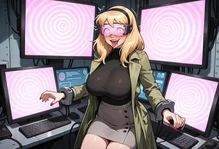IllusP0s, ((parody)), perfect anatomy, perfect eyes), BREAK 1girl, GwenStacyClassic, black hairband, blonde hair, spiral_eyes, glowing_eyes, red lipstick, full-face blush, ((looking at spirals in visor)),black turtleneck, grey skirt, tight skirt, green trench coat, open coat, BREAK machine, restrained, bound, stationary restraints, femsub, bimbofication, gameplay_mechanics, see-through visor, cables, monitors, computers, hypnotic_screen, pink spirals on screens, mantra, happy_trance, control_indicator, progress_indicator, motion lines, breast_expansion, lip_expansion, open mouth, big smile, tongue out, drooling, tech_control, corruption
