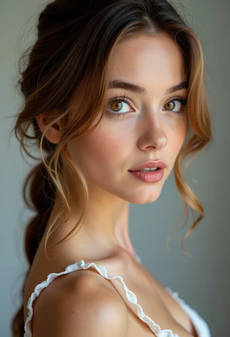 A stunning perfection style 18 year old girl with flawless model-like facial features, visible cleavage, flawless light pale skin, and unnaturally large and colorful eyes. Side view. Cleavage focus.