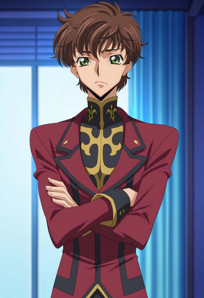 masterpiece, best quality, , anime screencap, , , , 1boy, solo, male focus, <lora:suzaku_kururugi_ilxl:1>, suzaku_kururugi, brown hair, green eyes, , arms crossed, tilted head, thoughtful expression, standing pose, soft lighting,