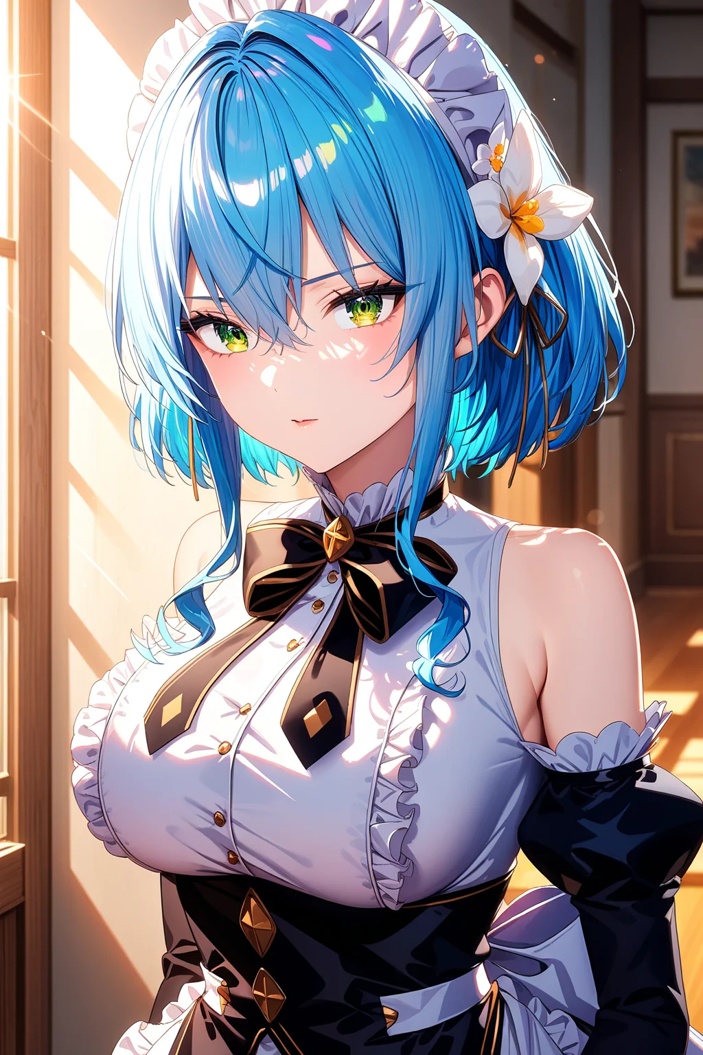 16k, 8k, 4k,
best quality, extremely detailed fine touch, hyper detailed, highly detailed, top quality, extreme quality, ultra details, absurdres, masterpiece,
amazing details, beautiful illustration, detailed face,
high resolution, highres,
digital painting, anime,
very aesthetic, natural light, sun light, light rays, dappled light, reflection, shadows, ray tracing, soft lighting,
bright colors, vivid colors, hdr, volumetric lighting,
<lora:Villhaze(sdxl):0.8> Villhaze, 1girl, blue hair, green eyes, bangs, maid headdress, bare shoulders, hair between eyes, sidelocks, short hair, frills, detached sleeves, hair ornament, hair flower, large breasts, long sleeves, puffy sleeves, white apron, black bow, maid apron