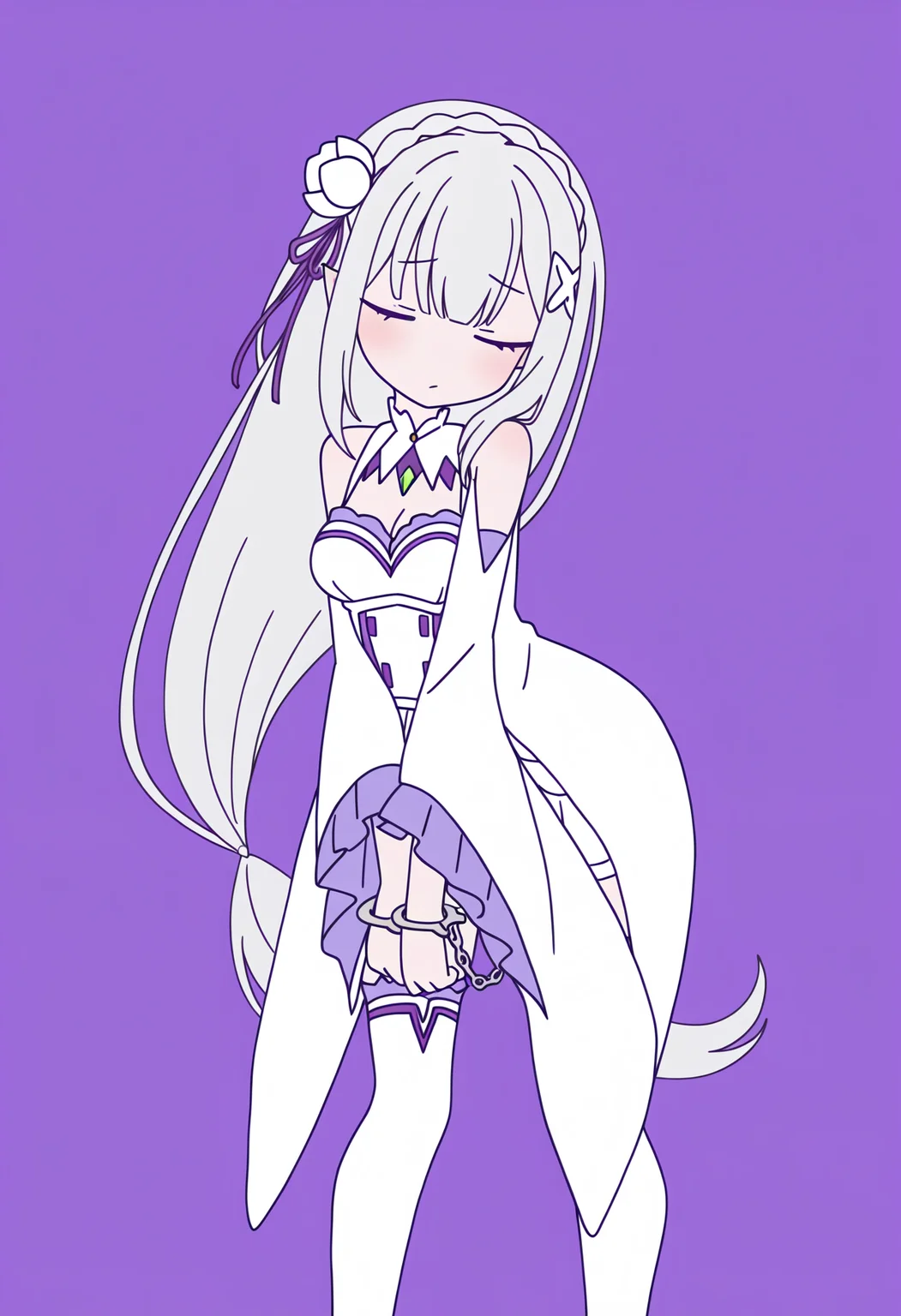 masterpiece, best quality, high resolution, source_anime, highly detailed illustration, detailed eyes,  
very aesthetic, absurdres, newest, amazing quality, 
<lora:shiRabbitHoleStyleConceptV1ill:1>, shirbtlestyle, from behind, 
simple background, standing,  closed eyes, feet out of frame, own hands together, facing viewer, two-tone background, purple background, v arms, handcuffs, 
1girl, solo, 
<lora:shiEmiliaV12ill:1> shimilia, long hair, grey hair, pointy ears, crown braid, hair flower, hair ribbon, purple ribbon, x hair ornament, white dress, cleavage, bare shoulders, wide sleeves, white thighhighs, thigh boots,