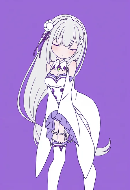 masterpiece, best quality, high resolution, source_anime, highly detailed illustration, detailed eyes,
very aesthetic, absurdres, newest, amazing quality,
<lora:shiRabbitHoleStyleConceptV1ill:1>, shirbtlestyle, from behind,
simple background, standing, closed eyes, feet out of frame, own hands together, facing viewer, two-tone background, purple background, v arms, handcuffs,
1girl, solo,
<lora:shiEmiliaV12ill:1> shimilia, long hair, grey hair, pointy ears, crown braid, hair flower, hair ribbon, purple ribbon, x hair ornament, white dress, cleavage, bare shoulders, wide sleeves, white thighhighs, thigh boots,