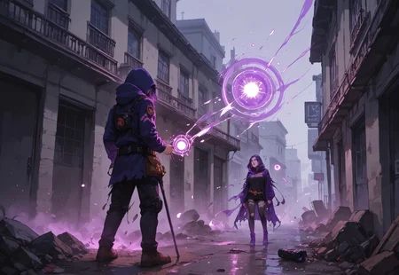 score_9, score_8_up, score_7_up, source_cartoon, Expressive, high quality, best quality, newest, absurdres, highres,
BREAK,
Raven from Teen Titans, casting shadow magic, purple particle effects, city streets setting, clothes torn from battle, battle wounds, dirty clothing