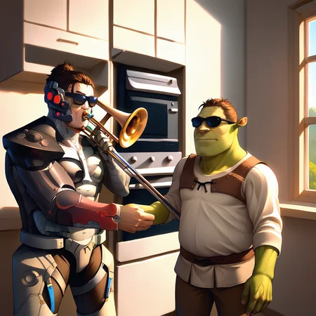 score_9, score_8_up, score_7_up, oven, WhenMamaIsntHomeMeme, sunglasses, indoors, kitchen, <lora:WhenMamaIsntHome_pdxl_Incrs_v1:0.4>, 2boys, cowboy shot,
BREAK (playing instrument, music, trumpet:1.3), <lora:JetstreamSam_XLPD:1> JetstreamSam, cyborg, bodysuit, headgear, beard
BREAK kitchen, instrument,
BREAK against wall, <lora:Shrek_XLPD:0.8> shrek, green skin,