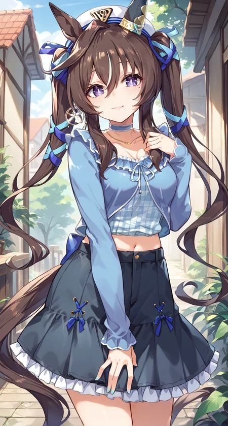 score_9,score_8_up,score_7_up,
official art,official style,game cg,megami magazine,
uncensored,
1girl,
vivlos (umamusume),viv casual,
animal ears,beret,black skirt,blue choker,blue ribbon,blue shirt,
brown hair,collarbone,earrings,floating hair,
frilled choker,frilled shirt collar,frilled skirt,frills,
hair between eyes,hair ribbon,hat,head tilt,horse ears,horse girl,
jewelry,long hair,midriff,mole,mole under eye,multicolored hair,
heart necklace,necklace,purple eyes,ribbon,shirt,
standing,
<lora:umamusume_vivlos_pony_v1:1>,