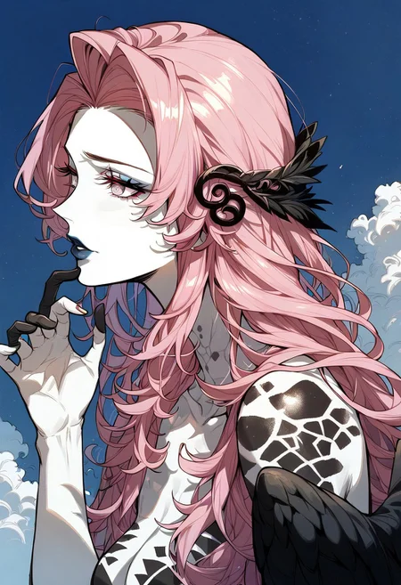 1girl, full body lilithsmtvv, pink hair, long hair, hair ornament, pink eyes, colored skin, lipstick, makeup, black wings, full-body tattoo, yellow field, dark deep blue sky, evening. upper body shot, closeup, portrait, sky, clouds, blacklight, dappled light,dappled sunlight <lora:sxz-Slavic-Fantasy-pdxl:0.75>, BREAK, score_8_up, score_7_up, Expressiveh