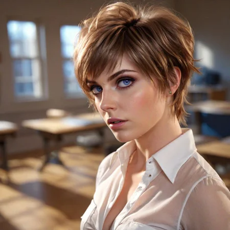 (ultra realistic, 32k, masterpiece:1.2), (highly detailed skin:1.1), (high quality:1.1), masterpiece, color HD photo, RAW 1girl, coy expression,<lora:hyperfusion_550k_128dim-LoCon_extracted-v7:0.8> (topheavy:1.2), small breasts, (topheavy:1.0),(bottomheavy:1.1),  Melancholic Gaze Down pose, (viewer up close:1.1), beautiful face, seductive gaze, shiny skin, blush, eyeliner, eyeshadow, eyelashes, looking up, Classroom background , Blue eyes, (long Honey Brown Messy Pixie Cut hairstyle), cinematic lighting, sunlight, volumetric,  <lora:GoodHands-beta2:1.1> nice hands, perfect hands, <lora:sideb00bv2:0.9> sideb00b, unbuttoned and open white oxford blouse, nsfw small nipples erect
