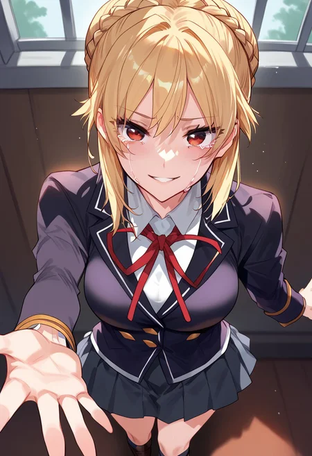 zPDXL3, score_9_up, score_8_up, score_7_up, (Anime_source), 1girl, Angelica.R.R., red eyes, blonde hair, long hair, bun hair, braid, school uniform, skirt, parted lips, smile, tears, looking at viewer, from above, outstretched arm towards viewer, pov