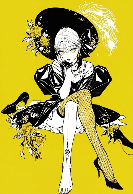 1girl, flower, thighhighs, solo, yellow flower, single thighhigh, fishnet thighhighs, fishnets, dress, shoes, single shoe, high heels, sitting, crossed legs, yellow background, yellow theme, barefoot, hat, black dress, yellow rose, rose, short hair, jewelry, gloves, yellow eyes, full body, looking at viewer, unworn shoes, limited palette, hat feather, necklace, single glove,feet, black headwear, black footwear, off-shoulder dress, toes, tattoo, frills, simple background,blonde hair, BREAK,highres,absurdres,masterpiece,newest,best quality,Visual impact,very awa,very aesthetic,amazing quality