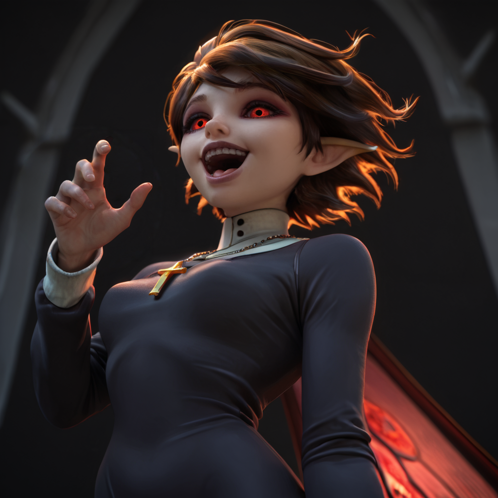 masterpiece, detailed quality, 1girl, black background, score_9, source_anime, score_8_up, score_7_up,
Double,glowing red eyes,red sclera,
skin tight,standing,open mouth,from below, loving smile, <lora:Expressive_H:1> expressiveh
tongue out,
,cross necklace,long sleeves,nun, perfect hands
church,red lighting,dim lighting,
<lora:Double:0.9>, zPDXL3,  <lora:Eyes_High_Definition:0.25> eyeshd <lora:Marianne:1> marianne, brown hair, brown eyes, fairy, pixie, short hair, pointy ears, eyeliner,  glowing eyes,