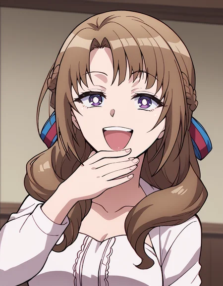 score_9, score_8_up, score_7_up, source_anime, mamakooosuki, <lora:mamako-oosuki-s1-ponyxl-lora-nochekaiser:1>, mamako oosuki, long hair, brown hair, purple eyes, hair ribbon, braid, bright pupils, french braid, white pupils,, <lora:ojou-sama-pose-ponyxl-lora-nochekaiser:1>, ojou-sama pose, laughing, smug, hand to own mouth, open mouth,, indoors, smile,, cowboy shot, dutch angle, looking at viewer,