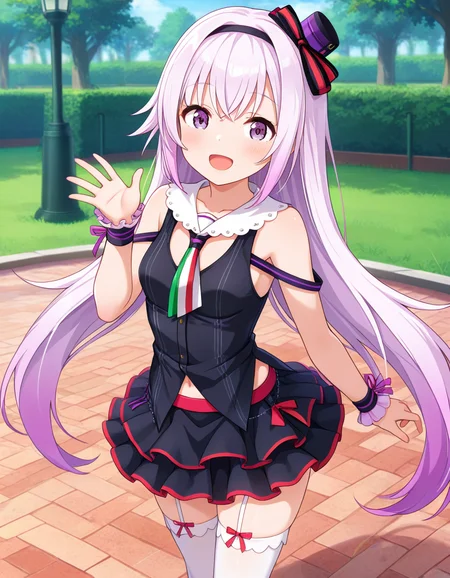 masterpiece, best quality, very aesthetic, absurdres, 1girl, carropino, smile, open mouth, (pino1st), hairband, mini top hat, necktie, black shirt, wrist cuffs, frilled skirt, white garter straps, white thighhighs, standing, park <lora:ILcarropino_v1.1:0.7>