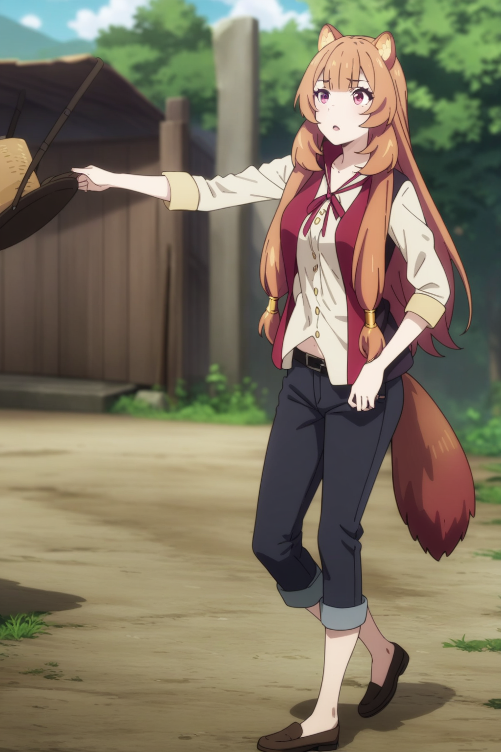 casual clothes, tny-raphtalia, raccoon tail, (full body), solo, 1girl, outdoors, masterpiece, best quality, very aesthetic, absurdres, recent <lora:tny-raphtalia-V02-000003:0.8>