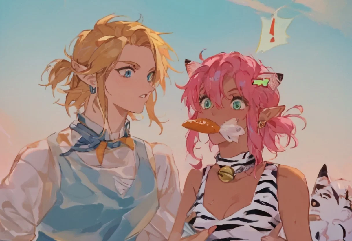 score_9, score_8_up, score_7_up, score_6_up, 1990s_(Style), Anime_Coloring, masterpiece, source_anime screenshot, duo, 1 girl, 1 boy, vivid colors, anime style, cartoon anime, source_anime, high-res, beautiful aesthetic, very intricate, high-quality details, vibrant, highly detailed, award-winning, professional, sleek and shiny, <lora:pink-ponyxl-v2:1>, single fang showing, sleeveless dress, white tiger print dress, pelvic curtain, cleavage, white cat ears, cat bell necklace, bright pink hair, tanned, white tiger tail, red sash, small breasts, leather shoes, detailed eyes, green eyes, detailed face, fish in mouth, fish (food), BREAK score_9, score_8_up, score_7_up, score_6_up, Masterpiece, source_anime, anime style, 1 girl, 1 boy, vivid colors, high-res, beautiful aesthetic, very intricate, high-quality details, vibrant, highly detailed, award-winning, professional, <lora:link:1> link1, link, pointy ears, blonde hair, blue eyes, medium hair, side locks, earrings, short ponytail, blue hylian tunic, surprised
Break
Beach with crashing waves on a sunny day, god rays in sky, sun shining, pink's body popping up out of the water, wet hair in motion, fish in pink's mouth, fish (food), open beach area, front view, cowboy shot, whimsical
