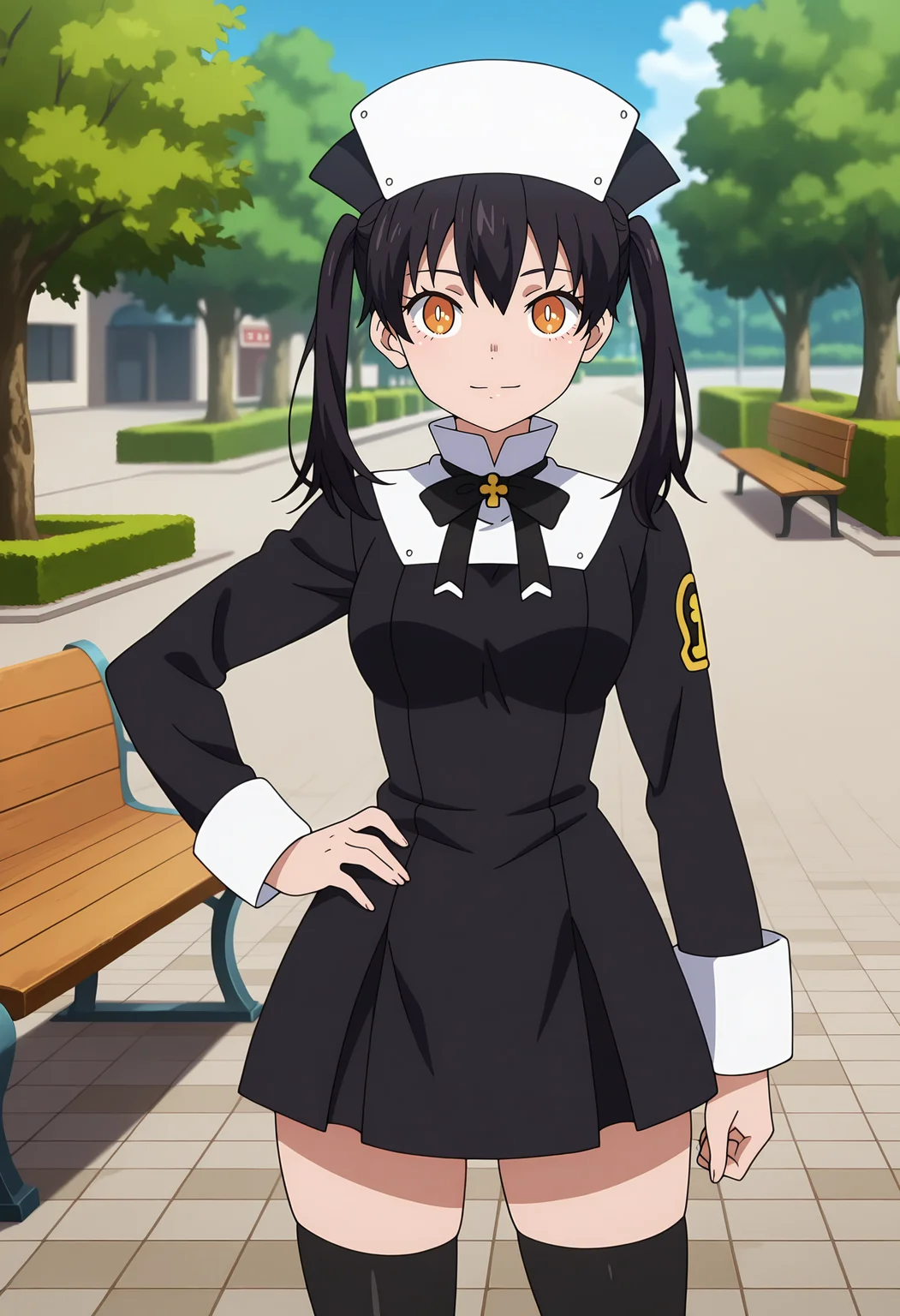 anime screencap, masterpiece, best quality,
<lora:EnenNoShouboutai_KotatsuTamaki_IlluXL:0.9>,
1girl, solo, closed mouth, light smile,
twintails, medium hair, black hair, orange eyes, slit pupils, white pupils,
nun, white headwear, black bowtie, black dress, emblem, long sleeves, black thighhighs,
hand on own hip, standing, looking at viewer, cowboy shot,
blurry background, street, day, park, tree, bench, blue sky