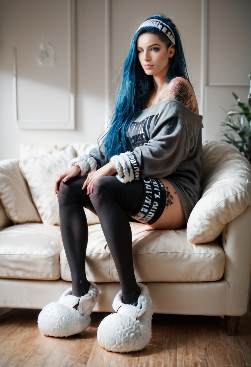ratratting_safe, score_9, score_8_up, score_7_up, score_6_up, score_5_up,, tattoo, solo, living room, couch, one_eye_closed,
(Oversized band tee:1.62), black leggings, fuzzy slippers, cozy blanket, soft worn tee, high-waisted leggings, bare face, touch of moisturizer, <lora:RavenPXL-2:1> <lora:DetailedEyes_V3:1> <lora:SDXLFaeTastic2400:1>