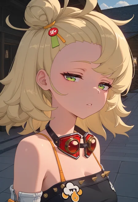 masterpiece, best quality, amazing quality, very aesthetic, absurdres, newest, scenery, volumetric lighting, perfect eyes, ultra detailed,
1girl, Piper Wheel, solo, blonde hair, ahoge, messy hair, hair bun, green eyes, 
black crop top, detached sleeves, shoulder cut, white sleeves, goggles around neck,
looking at viewer, half-closed eyes, bored face, closeup, face closeup, portrait, parted lips, beautiful,
village, detailed background,
<lora:Piper_Wheel_-_Zenless_Zone_Zero_ZZZ__Illustrious:1>
masterpiece, best quality, amazing quality, very aesthetic, absurdres, newest, scenery, volumetric lighting, perfect eyes, ultra detailed,