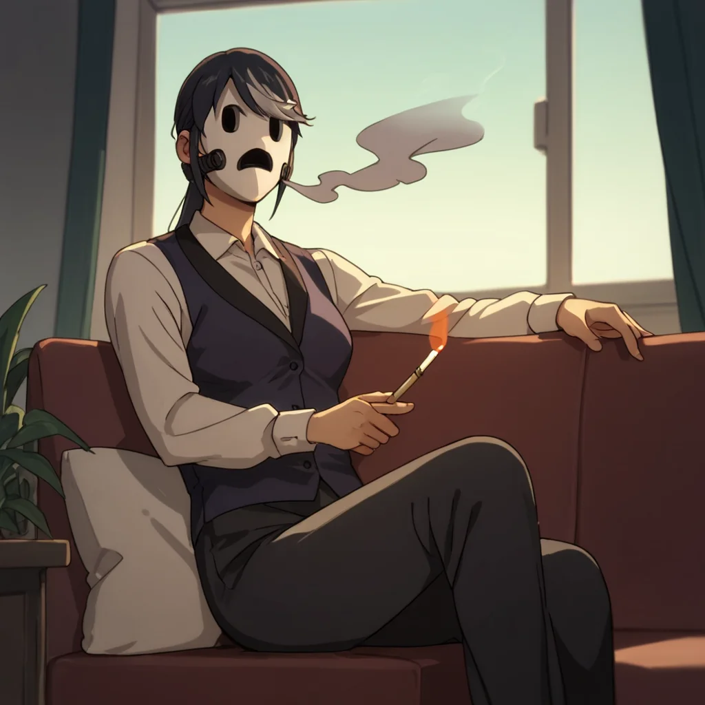 score_9, score_8_up, score_7_up, score_6_up, score_5_up, score_4_up, source_anime, Dealer, mask, sitting, window, relaxing, smoking