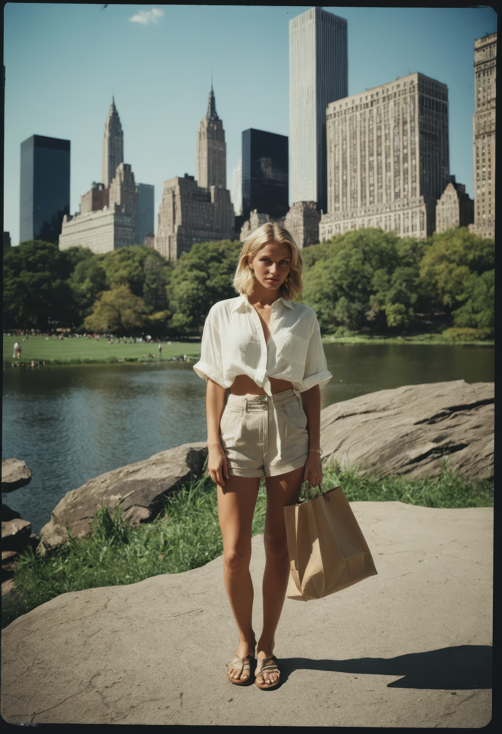 sdxl_doutmurpv1, cinematic photo, very wide shot, (central park with new york skyscrapers), 1girl, perfect bob hair, tassel earrings, opal rook piercing, (linen button-up shirt with a paperbag waist short and slide sandals), Polaroid photo style, faded colors, subtle light leaks, vintage grain, soft focus edges, nostalgic tones
